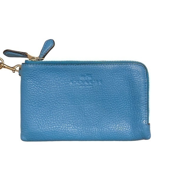 Coach blue pebbled leather double zipper compartment wristlet bag - Picture 1 of 8